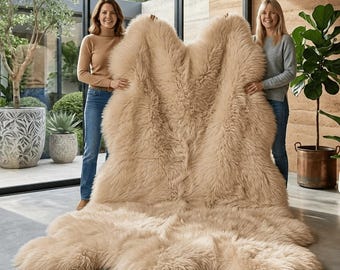 Sand Sheepskin Rug Throw, Natural Wool Fur Pelt, Plush Scandinavian Floor Accent, Cozy Rustic Cabin Decor for Bedroom & Living Room