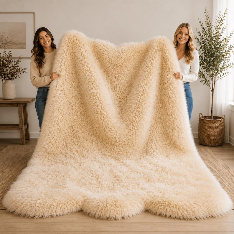 May include: A large, rectangular, cream-colored faux fur rug with a thick, shaggy pile texture. The rug features a soft, dense appearance with long, wavy fibers that create a plush surface. The edges of the rug have a rounded, organic shape.