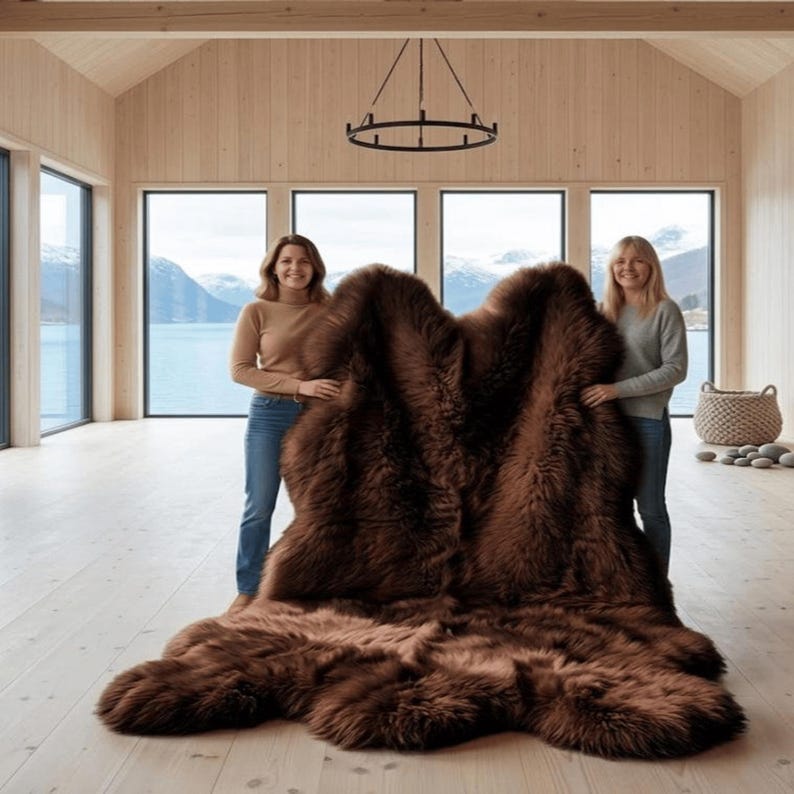 May include: A large, dark brown sheepskin rug with a thick, plush texture. The rug features an irregular, natural hide shape with long, dense fur fibers. It is displayed in a bright, open room with light-colored wooden walls and flooring.