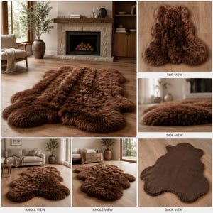 May include: A plush, dark brown sheepskin rug with a natural, irregular shape. The rug features thick, long-pile fur on the front and a smooth, solid dark brown backing. The set includes multiple views showing the rug from the top, side, and back.