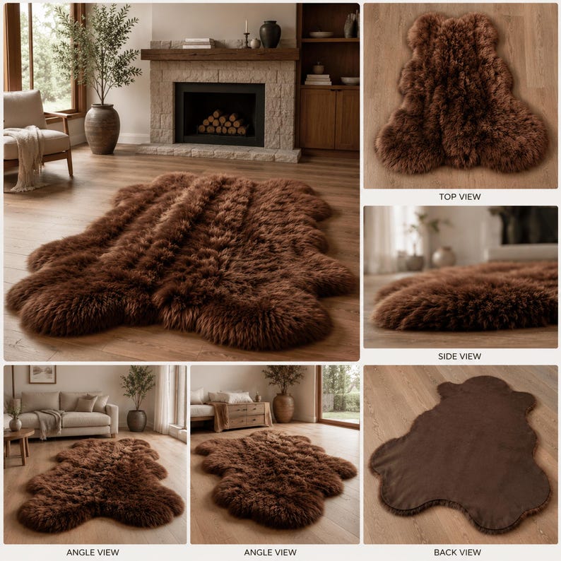 May include: A plush, dark brown sheepskin rug with a natural, irregular shape. The rug features thick, long-pile fur on the front and a smooth, solid dark brown backing. The set includes multiple views showing the rug from the top, side, and back.