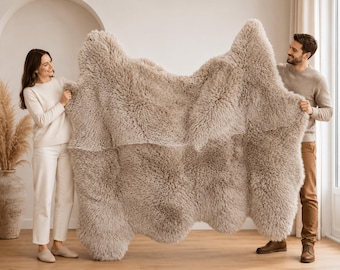 Taupe Beige Sheepskin Rug, Genuine Icelandic Wool Hide, Luxury Shaggy Fur Accent Mat, Rustic Boho Farmhouse Floor Decor for Cozy Home