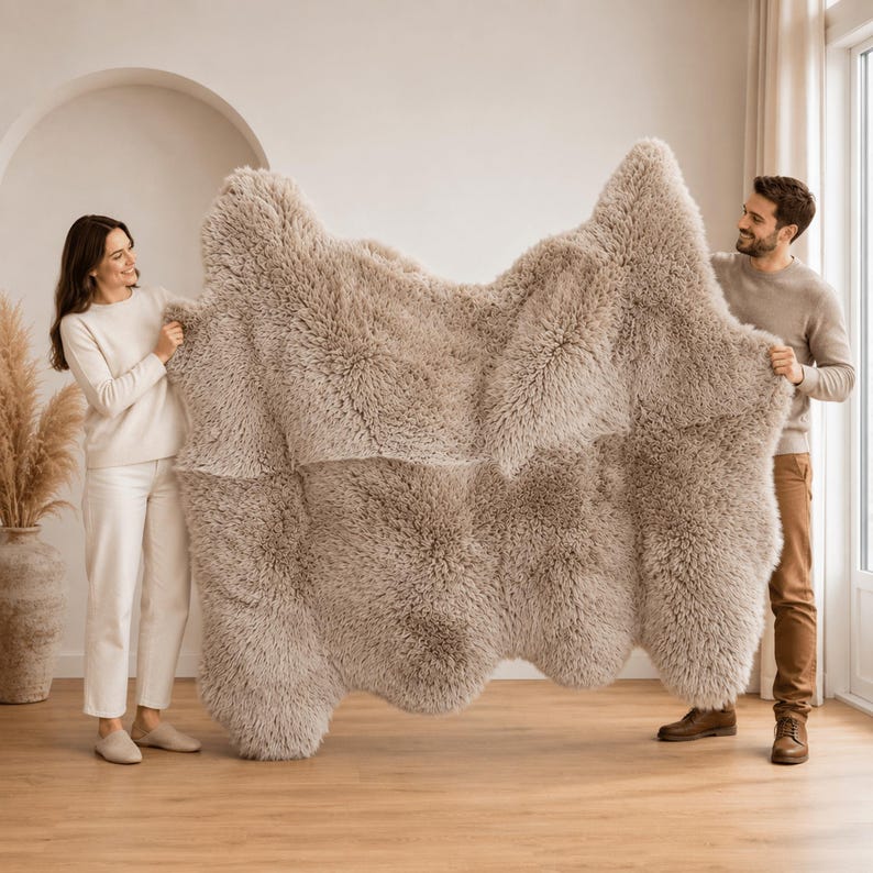 May include: A large, rectangular, beige-colored sheepskin rug with a thick, shaggy, and textured pile. The rug features an irregular, natural-looking edge profile and a dense, soft appearance, showcasing a uniform light brown, neutral tone.