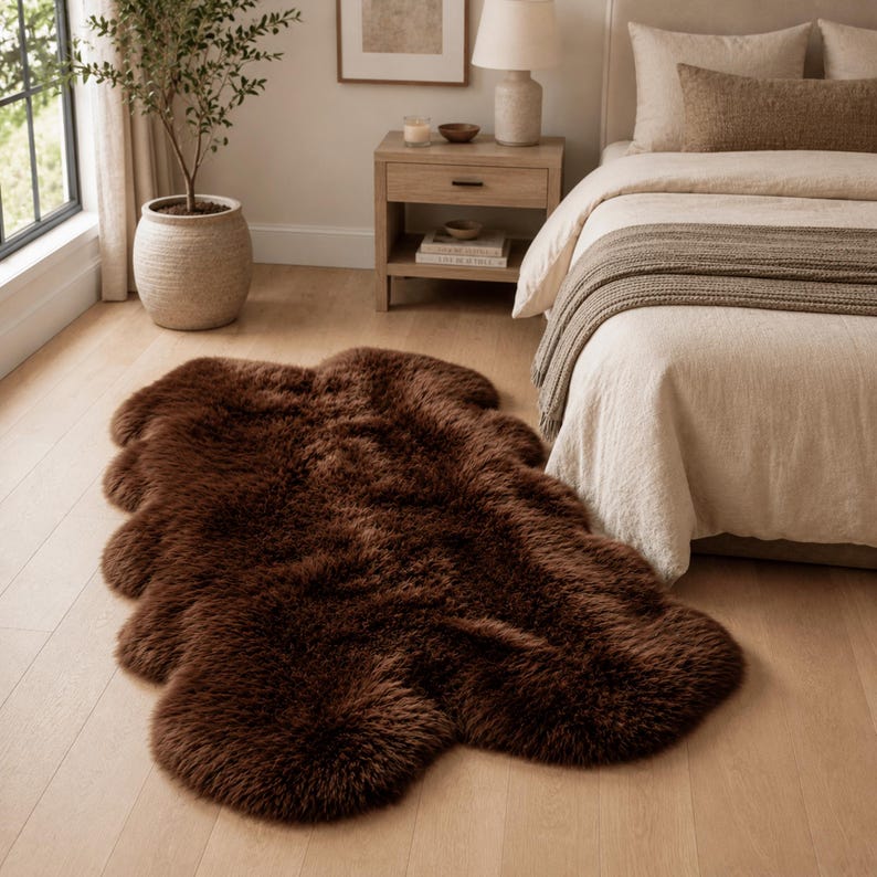 May include: A dark brown, plush, faux fur area rug with an irregular, organic shape. The rug features a thick, shaggy texture and is positioned on a light-colored wooden floor in a bedroom setting, showcasing its soft, dense pile and deep color.