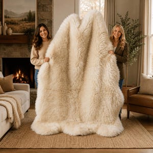 May include: A large, cream-colored faux fur rug with a thick, shaggy texture. The rug features an irregular, organic shape with long, soft fibers that create a dense, plush appearance. The material is uniform in color, showcasing a light off-white hue.