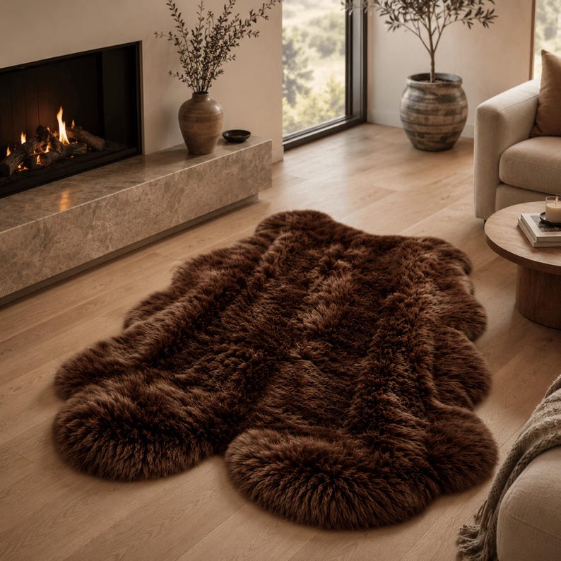 May include: A dark brown, plush, faux fur rug with an irregular, organic shape featuring a thick, shaggy texture. The rug is laid flat on a light-colored wooden floor, showcasing a deep, solid brown color throughout its entire surface area.