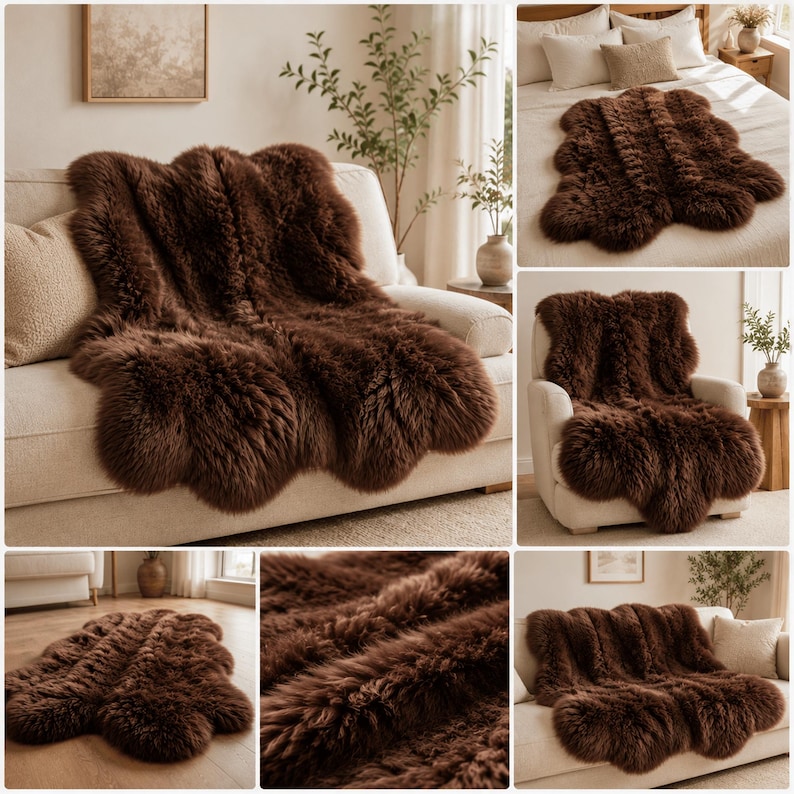 May include: A dark brown sheepskin rug with a thick, long-pile texture. The rug features an irregular, organic shape with soft, rounded edges. The dense fur provides a plush appearance, showcasing a deep, uniform chocolate brown color throughout.
