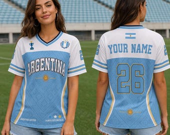 Spersonalizowana koszulka piłkarska Argentyny, spersonalizowane imię i nazwisko, numer, unisex, odzież dla kibiców Argentyny, koszulka sportowa dla dorosłych, młodzieży i rodzin, unisex, pasująca do prezentu