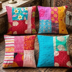 Boho Patchwork Kantha Pillow Cover,Set Of 4 Pc Kantha Cushion Cover, Vintage Quilt Patch Pillow,Rustic Farmhouse Decor,Bohemian Throw Pillow