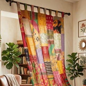 Boho Patchwork Vorhang, Cottagecore Fenstervorhänge, Bunter Kantha Stoffvorhang, Vintage Style Wohnkultur