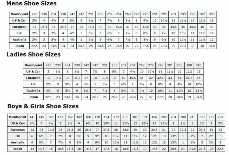 Op de afbeelding: Een zwart-witte maattabel voor schoenen met drie secties genaamd Mens Shoe Sizes, Ladies Shoe Sizes en Boys & Girls Shoe Sizes. De tabellen tonen numerieke waarden voor Mondopoint, US & Can, European, UK, Australia en Japan.