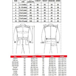 Op de afbeelding: Een zwart-witte maattabel voor kleding, met een bovenste tabel met kolommen voor maat, leeftijd, paklengte, borst, taille, binnenbeenlengte en armen, en een onderste tabel met maat, Europese maat, borst, taille, heupen en lengte in cm.