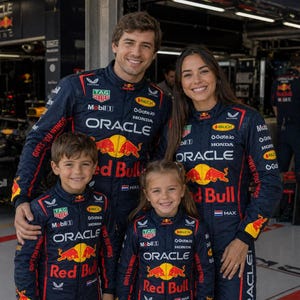 Op de afbeelding: Vier personen in bijpassende donkerblauwe Oracle Red Bull Racing team-overalls. De overalls zijn voorzien van rode en gele stierenlogo's, witte Oracle, Honda en Mobil 1 branding, en de tekst Gives You Wings op de mouwen.