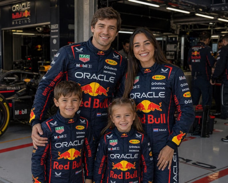 Op de afbeelding: Vier personen in bijpassende donkerblauwe Oracle Red Bull Racing team-overalls. De overalls zijn voorzien van rode en gele stierenlogo's, witte Oracle, Honda en Mobil 1 branding, en de tekst Gives You Wings op de mouwen.