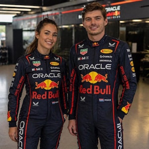 Op de afbeelding: Twee personen in bijpassende donkerblauwe Oracle Red Bull Racing team-raceoveralls. De pakken zijn voorzien van rode en gele branding, waaronder het Red Bull-logo, de tekst Oracle en diverse sponsorlogo's zoals TAG Heuer, Mobil 1 en Honda.
