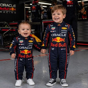 Op de afbeelding: Twee kinderen in bijpassende donkerblauwe Oracle Red Bull Racing jumpsuits met rode en gele stierenlogo's, witte sponsortekst en rode accenten. De jumpsuits hebben lange mouwen, een hoge kraag en worden gedragen met witte sneakers.