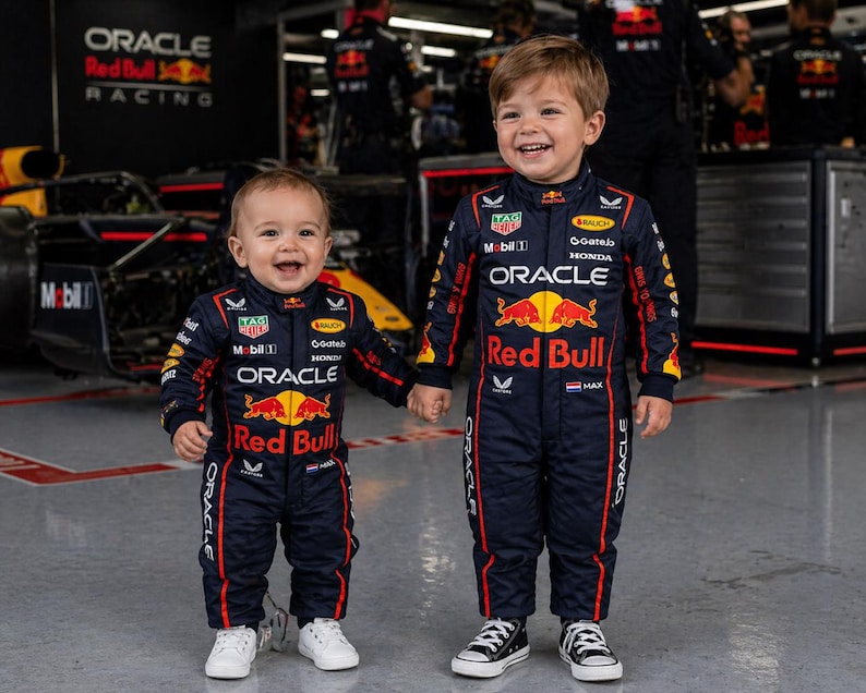 Op de afbeelding: Twee kinderen in bijpassende donkerblauwe Oracle Red Bull Racing jumpsuits met rode en gele stierenlogo's, witte sponsortekst en rode accenten. De jumpsuits hebben lange mouwen, een hoge kraag en worden gedragen met witte sneakers.