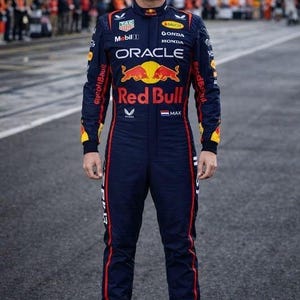 Op de afbeelding: Een donkerblauw racepak met het Red Bull-logo, Oracle-branding en diverse sponsorpatches waaronder TAG Heuer, Mobil 1 en Honda. Het pak is voorzien van rode en gele accenten, een Nederlandse vlag en de naam MAX op de borst.