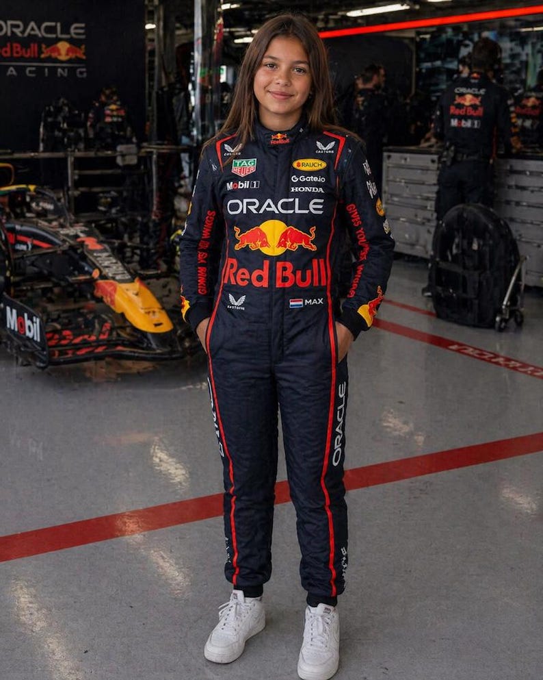 Op de afbeelding: Een donkerblauwe raceoverall van het Oracle Red Bull Racing-team met rode en gele sponsorlogo's, waaronder Oracle, Red Bull, Mobil 1 en Honda. Het pak heeft een hoge kraag, lange mouwen en een Nederlandse vlag met de naam MAX op de borst.