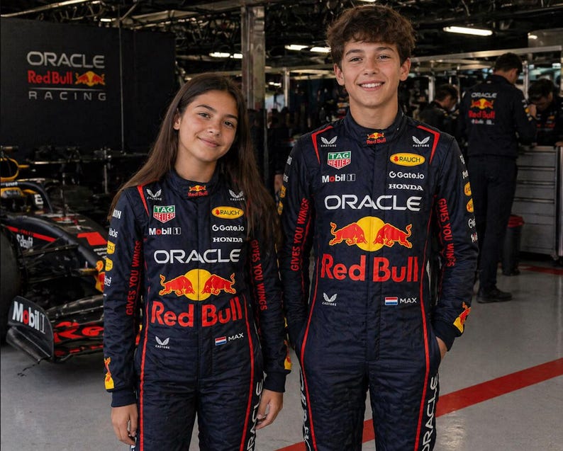Op de afbeelding: Twee personen in donkerblauwe Oracle Red Bull Racing raceoveralls met rode en gele sponsorlogo's, waaronder Oracle, Red Bull, Honda en Tag Heuer, de tekst Gives You Wings en een kleine Nederlandse vlag op de borst.