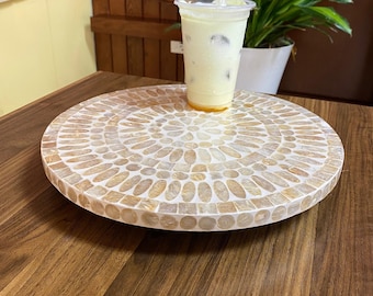 Plateau tournante paresseux en nacre blanche et mosaïque fabriquée à la main, plateau tournant rond pour table à manger, cadeau de pendaison de crémaillère de luxe