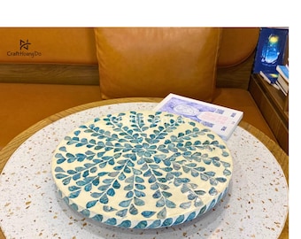 Plateau tournant en nacre, plateau tournant fait main, platine vinyle incrustée de coquillages bleus, décoration de table à manger, cadeau de mariage, organiseur de cuisine