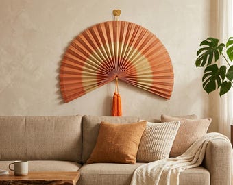 Décoration murale éventail en bambou orange, grand style bohème, éventail pliant tissé à la main, décoration de tête de lit d'inspiration japonaise, tenture murale pour chambre ou salon
