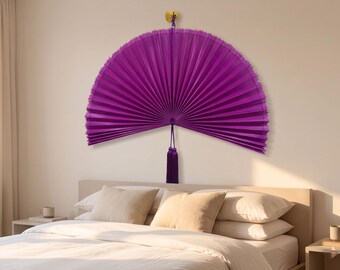 Éventail mural en bambou violet géant | Décoration murale pliante surdimensionnée pour éventail | Décoration murale tissée bohème vibrante | Décoration orientale pour tête de lit | Chambre éclectique