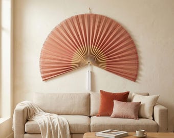 Grand ventilateur mural en bambou rose | Décoration murale géante pliante surdimensionnée pour éventail | Décoration de tête de lit ombrée bohème | Décoration murale orientale asiatique Japandi