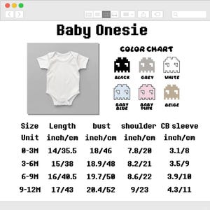 May include: A white baby onesie displayed with a color chart featuring pixelated alien icons in black, grey, white, baby blue, baby pink, and beige. A size chart provides measurements in inches and centimeters for ages 0-3M, 3-6M, 6-9M, and 9-12M.