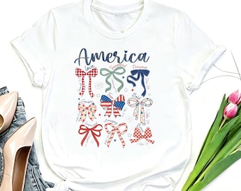 America Coquette Bow Patriotic Tee, Red White Blue Ribbon Bows with Bible Verse Print White Crew Neck Shirt for 4th of July