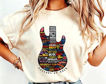 Legends of Rock Band Logo Guitar Tee, Classic Rock Group Logos Collage Print Cream Crew Neck Shirt for Music Fans