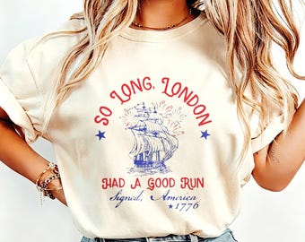 So Long London Patriotic 1776 Tee, Vintage Sailing Ship Print Cream Crew Neck Shirt for 4th of July