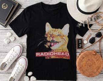 Vintage Distressed Radiohead Orange Tabby Cat Open Mouth Rock Band Graphic T-Shirt, Grunge Retro Black Casual Tee