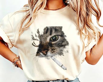 Edgy Smoking Cat Watercolor Tee, Vintage Grunge Feline Print Cream Crew Neck Shirt for Alternative Style