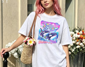 Eat The Rich Orca Whale Cruise Ship Retro Lisa Frank Style Graphic Tee, Y2K Rainbow Aesthetic Anti-Capitalist Casual Shirt