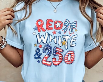 Red White & 250 Patriotic Coquette Tee, USA 250th Anniversary Print Light Blue Crew Neck Shirt for 4th of July
