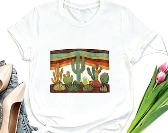 Retro Serape Cactus Desert Scene Tee, Colorful Western Succulent Print White Crew Neck Shirt