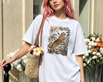 Asian-Inspired Tiger & Crane Floral Art Tee, Vintage Botanical Print White Crew Neck Shirt for Boho Style