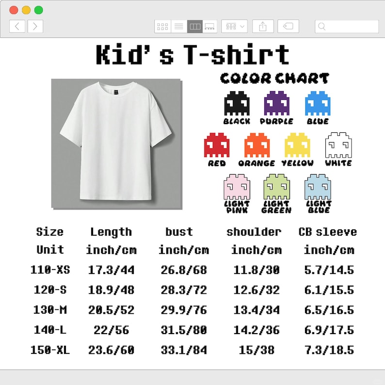 May include: A plain white short-sleeved t-shirt displayed with a color chart featuring pixelated alien icons in black, purple, blue, red, orange, yellow, white, light pink, light green, and light blue, plus a size chart in inches and centimeters.