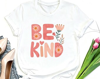 Be Kind Floral Letter Print Inspirational Tee, Cute Pink & White Daisy Design White Crew Neck Shirt for Everyday Wear