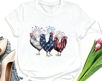 American Flag Rooster Patriotic Tee, Red White Blue Chicken Print White Crew Neck Shirt for 4th of July