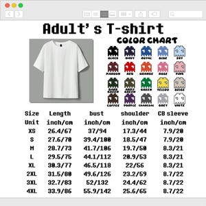 May include: A white t-shirt displayed with a color chart featuring twenty pixelated icons in various shades including black, navy, red, and yellow. A size chart provides measurements in inches and centimeters for sizes XS through 4XL, detailing length, bust, shoulder, and sleeve dimensions.