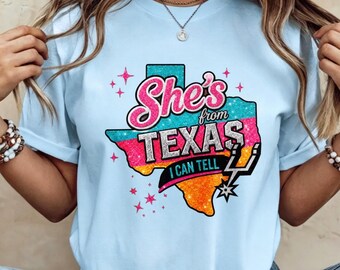 She’s From Texas I Can Tell Spurs Tee, Glitter Sunset Texas Map Graphic Shirt, San Antonio Basketball Fan Casual Top