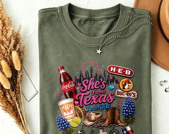 She’s From Texas I Can Tell Graphic Tee, Cute Texas Pride Buc-ee’s H-E-B Whataburger Collage Shirt for Lone Star State Lovers