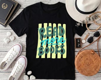 Read More Books Cute Bubble Letter Book Spine Graphic T-Shirt, Bookworm Bibliophile Black Casual  Tee