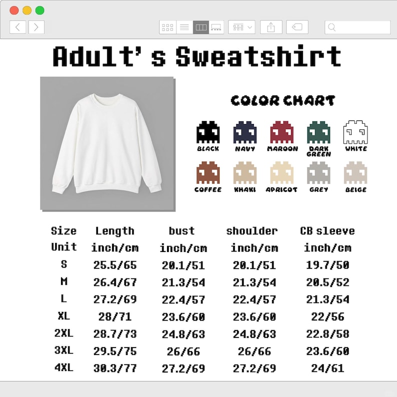 May include: A white long-sleeve sweatshirt shown with a color chart featuring pixelated ghost icons in black, navy, maroon, dark green, white, coffee, khaki, apricot, grey, and beige. A size chart lists measurements in inches and centimeters for sizes S to 4XL.