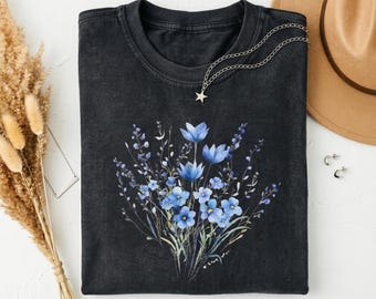 Blue Wildflower Watercolor Bouquet Tee, Vintage Washed Black Crew Neck Shirt with Delicate Floral Art