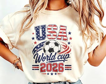 USA World Cup 2026 Soccer Patriotic Tee, Distressed American Flag & Vintage Ball Print Cream Crew Neck Shirt for Fans