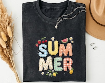 Cute Summer Patchwork Letter Tee, Watermelon & Strawberry Print Vintage Washed Black Casual Shirt